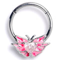 16G 3/8 Pink CZ Gem Heart Butterfly Pink Hinged Segment Ring